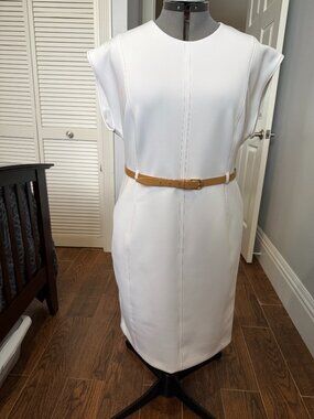 Calvin Klein Off White Belted Sheath Dress Beige/Tan Contrast Stitch Size 16